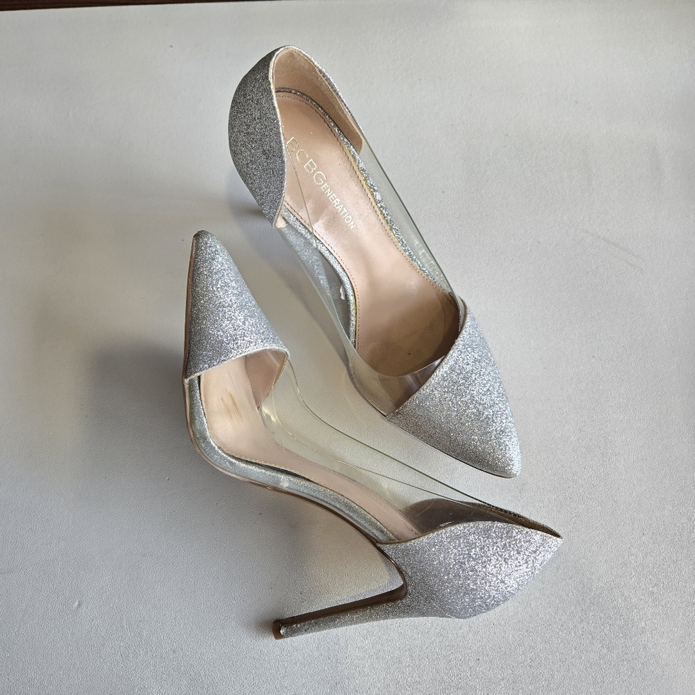 BCBG Generation Silver Glitter Clear PVC Pointed Toe Pumps Size 8 Party Glam Bar
